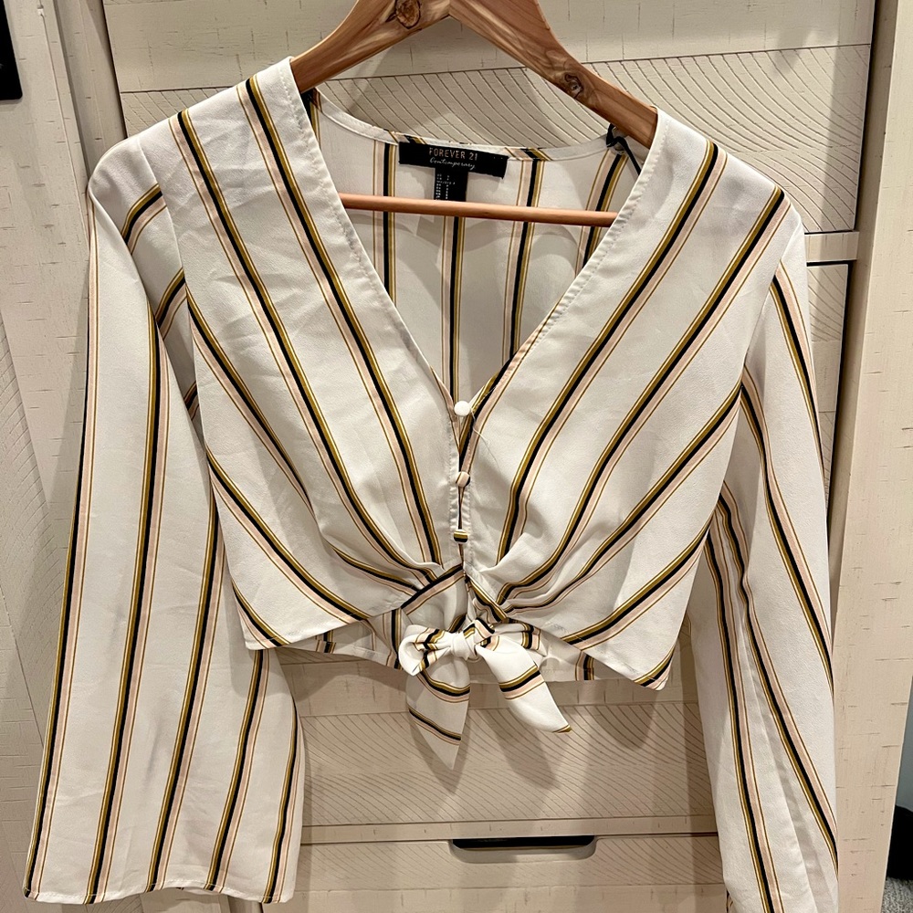 Forever 21 - Contemporary White & Beige/Brown Yellow Striped Top